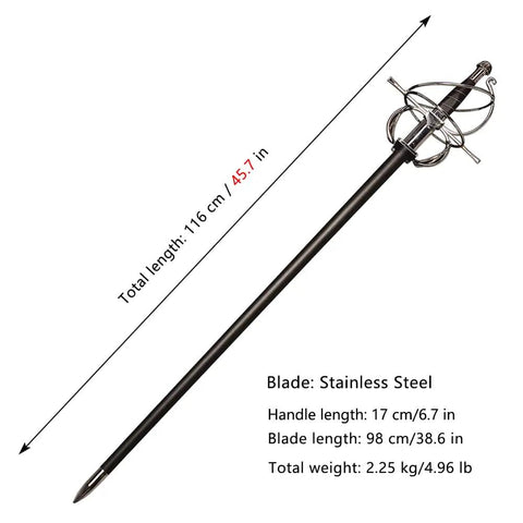 Renaissance Spiral Swept-Hilt Rapier Sword For Cosplay And Collection, 45.7 Inch With Scabbard, Italian Style Guard, Length Dimensions Shown