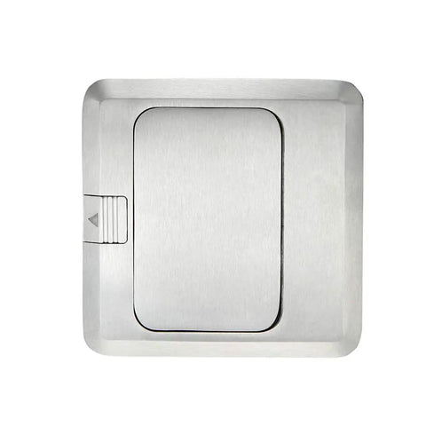 Top view of closed Pop Up Floor Outlet With USB Chargers Waterproof Receptacle Box For Kitchen Countertop Stainless Steel Silver Cover