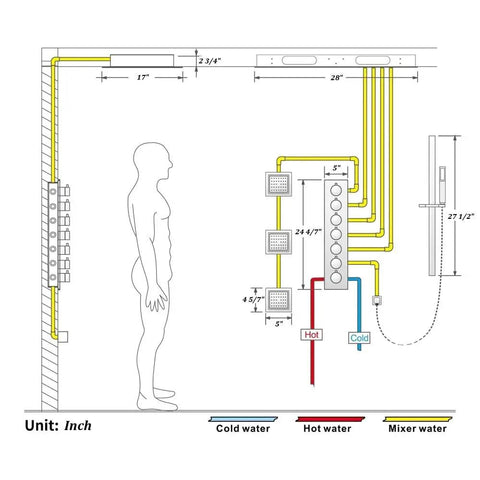 Diagram showing installation layout for Premium Recessed Led Bluetooth Shower Combo With Heavy Duty Slide Rail 6 Way High Pressure Rainfall Tub Faucet Kit In Brushed Nickel.
