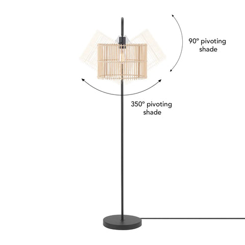 58 Inch Matte Black Floor Lamp With Bamboo Shade That Peeks Through, Easy On Off Rotary Socket Switch, Cozy Cottagecore Vibe For Living Room showing the pivoting shade.