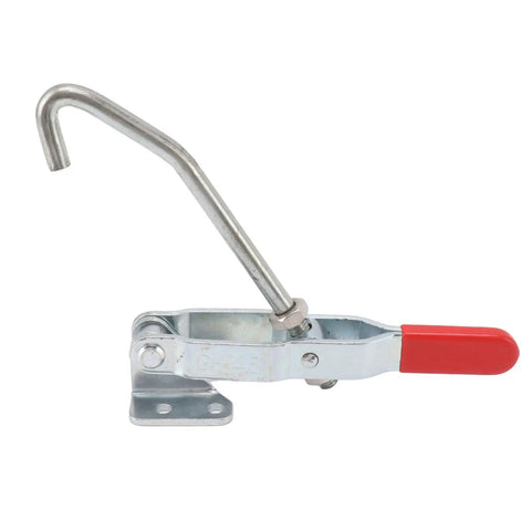 J Hook Toggle Clamp 170kg Holding Capacity Galvanized Iron With Red Grip, side view, for woodworking and mechanical projects