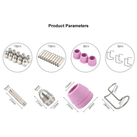 Premium Pl60 Plasma Cutter Torch Consumables Kit includes 10 durable nozzles and electrodes, featuring various sizes and materials.