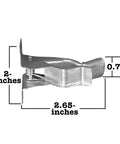Side view of a 2.65-inch silver wall mount spring clamp with measurements, from the Ten Pack Wall Mount Organizing Spring Clamps For Tools, Rakes And Brooms With Handy Multi Tool Holder For Garage Or Shop Storage And Grab And Go Access Anywhere.