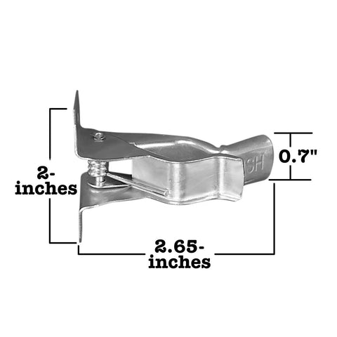 Side view of a 2.65-inch silver wall mount spring clamp with measurements, from the Ten Pack Wall Mount Organizing Spring Clamps For Tools, Rakes And Brooms With Handy Multi Tool Holder For Garage Or Shop Storage And Grab And Go Access Anywhere.