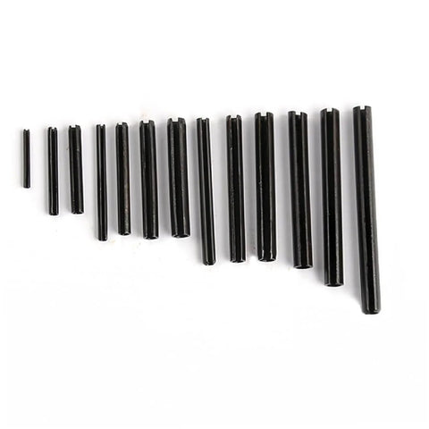 Assorted Slotted Spring Dowel Pins Kit, 450 Piece Set, arranged in various sizes, made of durable spring steel with black oxide finish.
