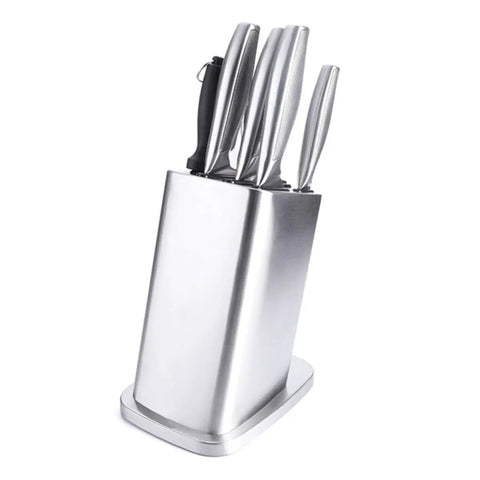 Six Slot Stainless Steel Kitchen Knife Block Holder With Tilted Slots And Angled Edges, Thick Construction Storage Rack For Camping Use