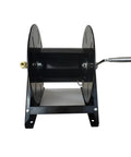 Portable Hose Reel Featuring Slick Single Arm Design For Totally Stress Free Water Pipe Storage And Fast Garden Hose Coiling view from front with handle.