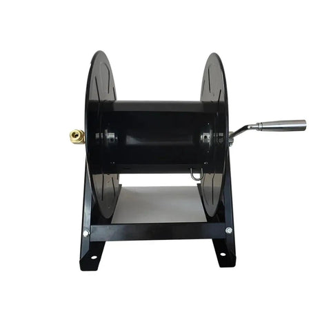 Portable Hose Reel Featuring Slick Single Arm Design For Totally Stress Free Water Pipe Storage And Fast Garden Hose Coiling view from front with handle.