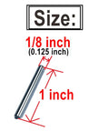 Image of a 1/8 inch by 1 inch metal dowel pin with size dimensions, part of the One Eighth Inch Dowel Pins Set, 20 Pieces, ASME Compliant.