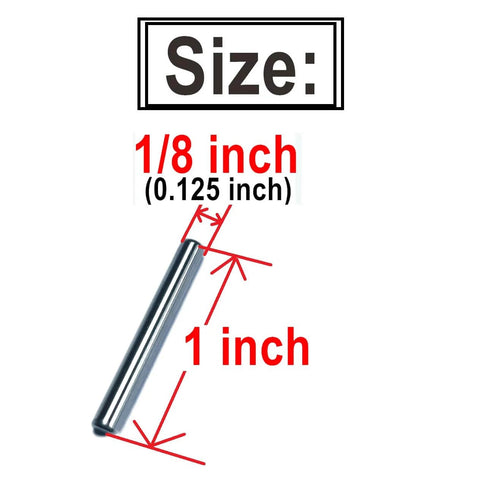 Image of a 1/8 inch by 1 inch metal dowel pin with size dimensions, part of the One Eighth Inch Dowel Pins Set, 20 Pieces, ASME Compliant.