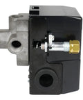 Side view of Air Compressor Pressure Switch Replacement Valve With Unloader For Four Port Systems 145 To 175 PSI Black Durable