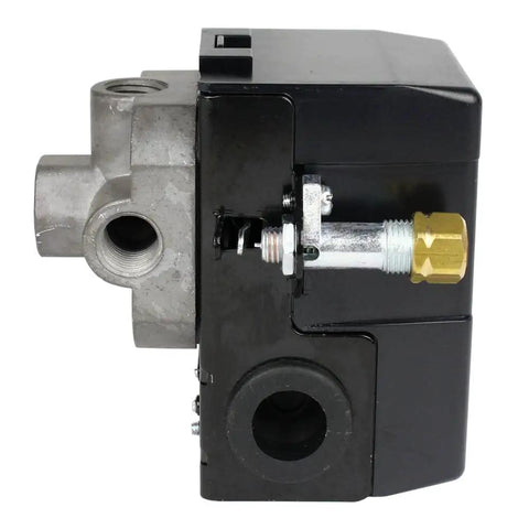 Side view of Air Compressor Pressure Switch Replacement Valve With Unloader For Four Port Systems 145 To 175 PSI Black Durable