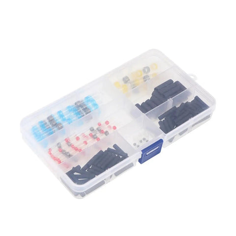 Super Cool 100 Piece Heat Shrink Insulated Soldering Tube Kit With Cable Crimp Connectors For Pro Electrical Work And DIY Repairs That Will Save You Time And Money On The Job Or AtHome Today. clear plastic organizer box with assorted heat shrink tubes