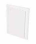 Top Shelf Eight By Ten Inch White Abs Plastic Plumbing Access Panel With Smooth One Hundred Eighty Degree Swivel Lid, side view.