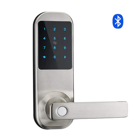 Bluetooth Digital Door Lock With Code Card And App Unlock Works With Alexa Voice Control Hub Required Mechanical Key And Keypad Access 150 User Codes 200 Card Memory Unlimited App Users Lit Keypad, silver finish front view showing touchscreen keypad and lever handle on white background.