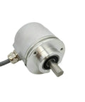 Pro Grade Absolute Rotary Encoder With 12 Bit Multi Turn Precision RS485 And Zero To Ten Volt Dual Output 256 Laps High Resolution Encoder For Accurate Motion Control, shown in a metallic cylindrical design with visible cable connection.