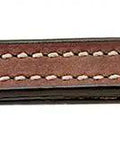 Close-up of Leather Curb Strap For Horses Five Eighths Inch Doubled And Stitched Flat Bridle Leather Smooth Nickel Plated Training Gear Brown