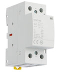 Heavy Duty 63A Two Pole Din Rail Contactor With 24V Ac Dc Coil, front view showing terminals and specifications.