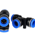 Pro Grade 6mm Push To Connect Pneumatic Fittings Kit With 2 Tees for Air Tubing Systems, blue and black connectors