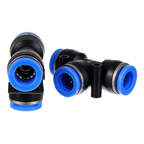 Pro Grade 6mm Push To Connect Pneumatic Fittings Kit With 2 Tees for Air Tubing Systems, blue and black connectors