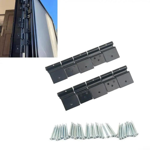 Rock Solid Aluminum RV Door Hinges Complete Replacement Kit, heavy-duty hinges and screws for fifth wheels and motorhomes.
