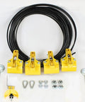 Festoon system kit with 80 ft flat black cable and four yellow clamps for lawn and patio use