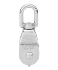 Two Pack Double Pulley Block Heavy Duty Lifting Sheave With Steel Wire Rope Hook For Rock Solid Rigging Jobs Quick Setup Design showing a close-up of a stainless steel pulley.