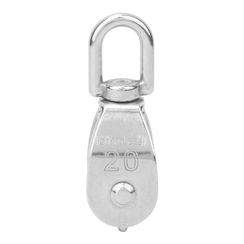 Two Pack Double Pulley Block Heavy Duty Lifting Sheave With Steel Wire Rope Hook For Rock Solid Rigging Jobs Quick Setup Design showing a close-up of a stainless steel pulley.