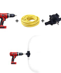 Electric Drill Powered Water Transfer Pump Kit with drill, yellow hose, and pump components, DIY friendly for fluid transfer