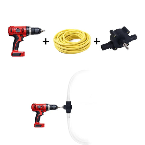 Electric Drill Powered Water Transfer Pump Kit with drill, yellow hose, and pump components, DIY friendly for fluid transfer