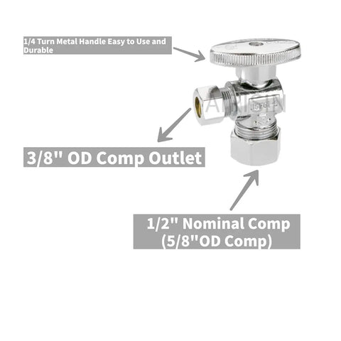Brass Quarter Turn Angle Stop Valve Half Inch Nominal Inlet Five Eighths Inch OD Compression To Three Eighths Inch Compression Outlet Water Shut Off