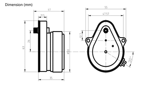 Technical drawing of MD10 Replacement Motor For Honeywell 802360JA 24 VAC Zone Valve V8043 V8044 with dimensions in mm.
