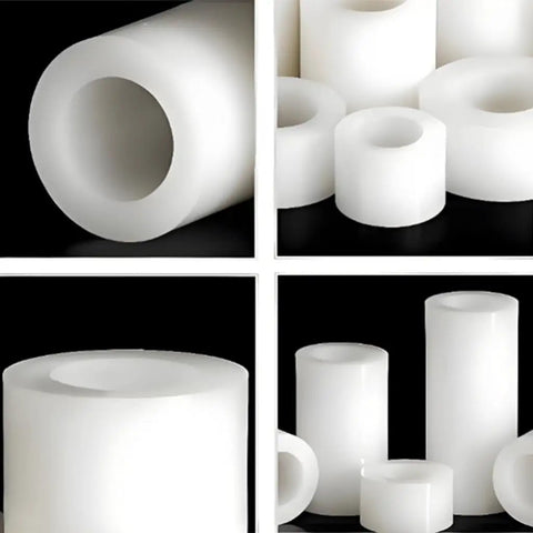 Ten Piece White Nylon Spacer Bracket Kit With Non Conductive PA66 Gaskets, 16mm And 18mm Outer Diameters, 10mm And 12mm Inner Diameters, 2mm Length, The Go To Spacer Set For Electrical, Automotive, And DIY Projects. White nylon spacer tubes shown in close-up