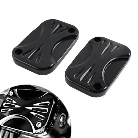Black CNC Front Clutch And Brake Reservoir Cap Master Cylinder Cover for Harley, shown in detail and installed view.