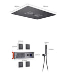 Slick Black Rain Shower System With Digital Display Concealed Wall Mounted Faucet Set showing large shower head and control panel.