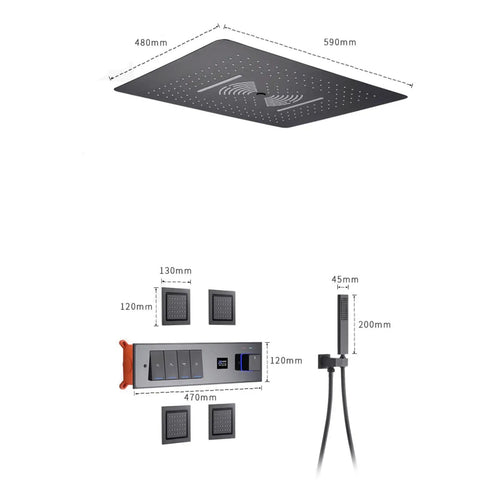 Slick Black Rain Shower System With Digital Display Concealed Wall Mounted Faucet Set showing large shower head and control panel.
