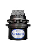 Close-up of final drive motor for Komatsu PC35MR3 excavator, pre filled with oil, fully assembled, heavy duty metal construction