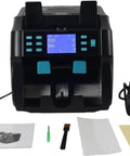 Professional Cash Counter Machine With Smart Dupe Detector And Automatic Bill Sorter, LED panel and accessories on display.