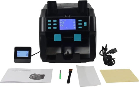 Professional Cash Counter Machine With Smart Dupe Detector And Automatic Bill Sorter, LED panel and accessories on display.