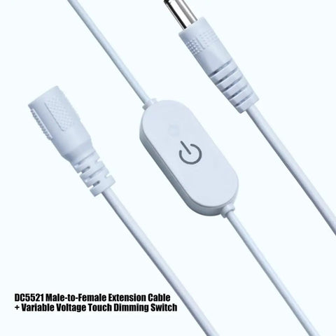 Slick Touch Dimmer Power Extension Cable With Heavy Duty Flexible PVC Cord And Straight Forward On Off Switch Plug And Play For Desk Cabinet Display Lighting Projects, featuring inline dimming switch.