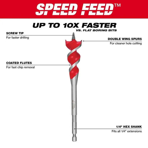 Heavy Duty Six Piece Speed Feed Wood Drill Bit Set With Fast Self Feeding Auger Tips For Quick Hole Making From Half Up To One Quarter Plus Inches. Speed Feed bit with screw tip and coated flutes.