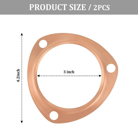 Two Pack 3 Inch Copper Exhaust Flange And Collector Gasket For SBC And BBC Engines with 3 Bolt Pattern Triangle 10mm Bolts