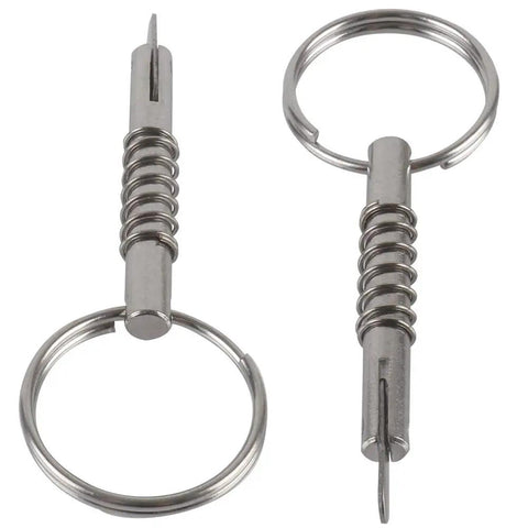 Close-up of Set Of Four Quick Release Pins With Drop Cam And Spring For Bimini Tops And Boat Hinge Built From Marine Grade 316 Stainless Steel