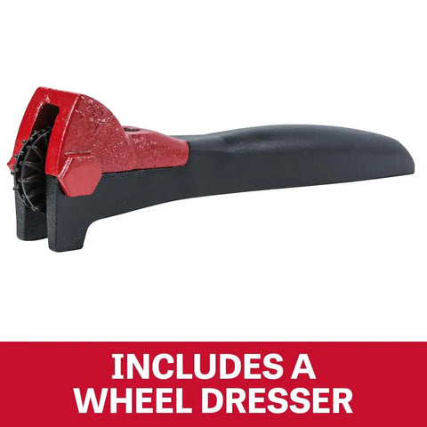 10 Inch Bench Grinder With Badass 1.5 Hp Motor Spinning At 1800 Rpm Features Cast Iron Base And Dual Grit Wheels with wheel dresser attachment.