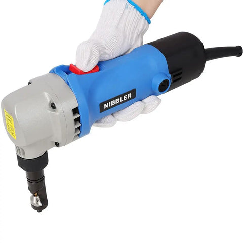 Lmaoss 500W Electric Sheet Metal Nibbler Cutter With 2000Rpm High Speed For Steel Aluminum And 16 Gauge Thick Metal in hand.