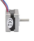 Side view of a silver aluminum NEMA 14 bipolar stepper motor with four wires.
