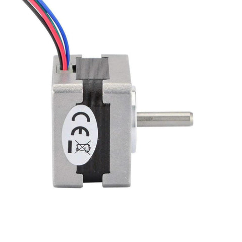 Side view of a silver aluminum NEMA 14 bipolar stepper motor with four wires.