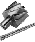Annular cutter with Weldon shank and pilot pin for magnetic drill press; two-piece metal set.