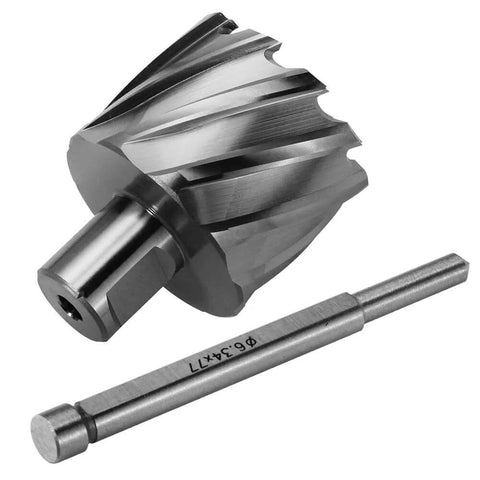 Annular cutter with Weldon shank and pilot pin for magnetic drill press; two-piece metal set.