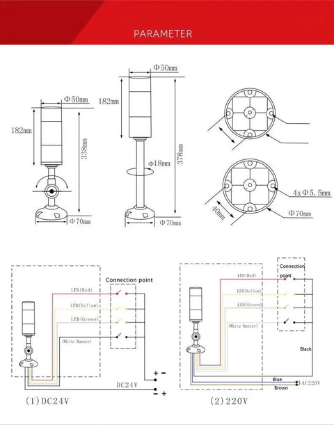 Technical diagram of Tower Lamp With Two Layer Signal Lights And Buzzer Built To Last Industrial Grade Warning Light 110 220V AC.